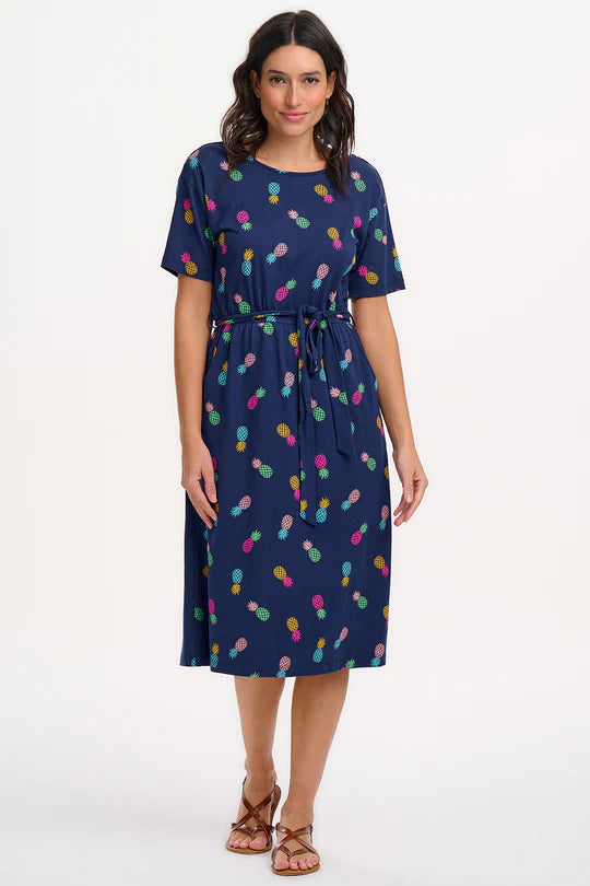 SUGARHILL "Moira Jersey Midi Dress" (Navy Rainbow Pineapples)