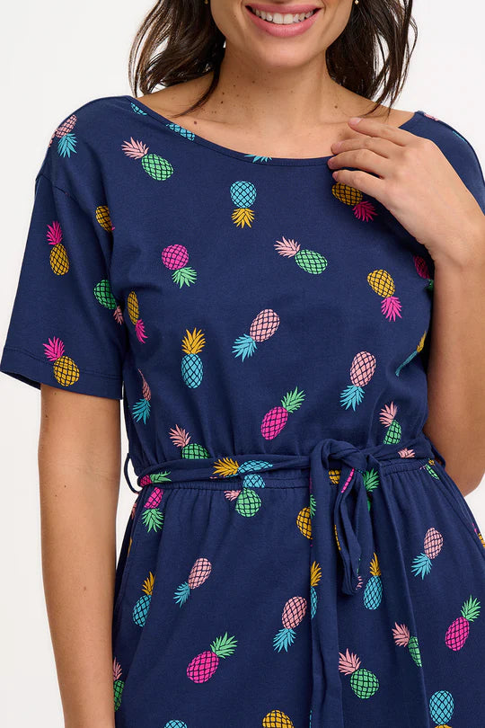 SUGARHILL "Moira Jersey Midi Dress" (Navy Rainbow Pineapples)