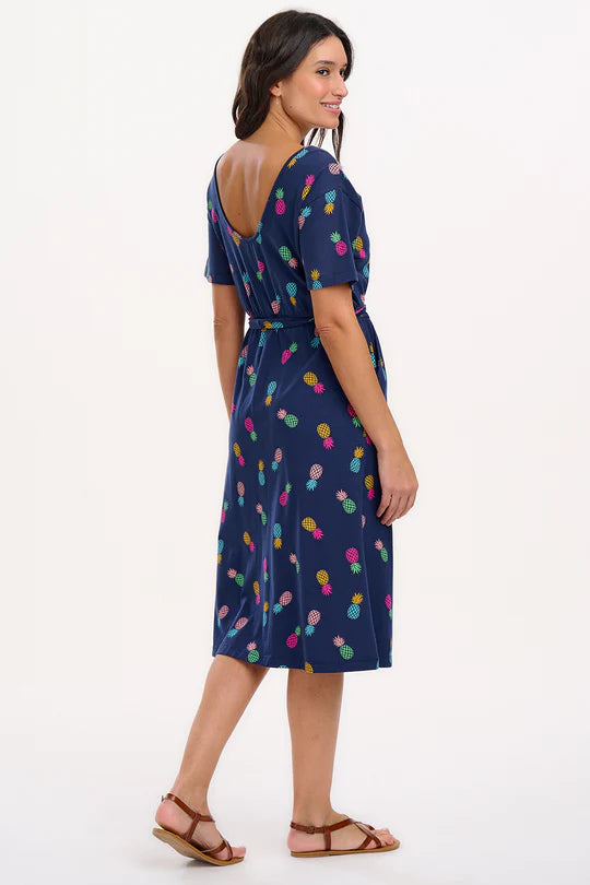 SUGARHILL "Moira Jersey Midi Dress" (Navy Rainbow Pineapples)