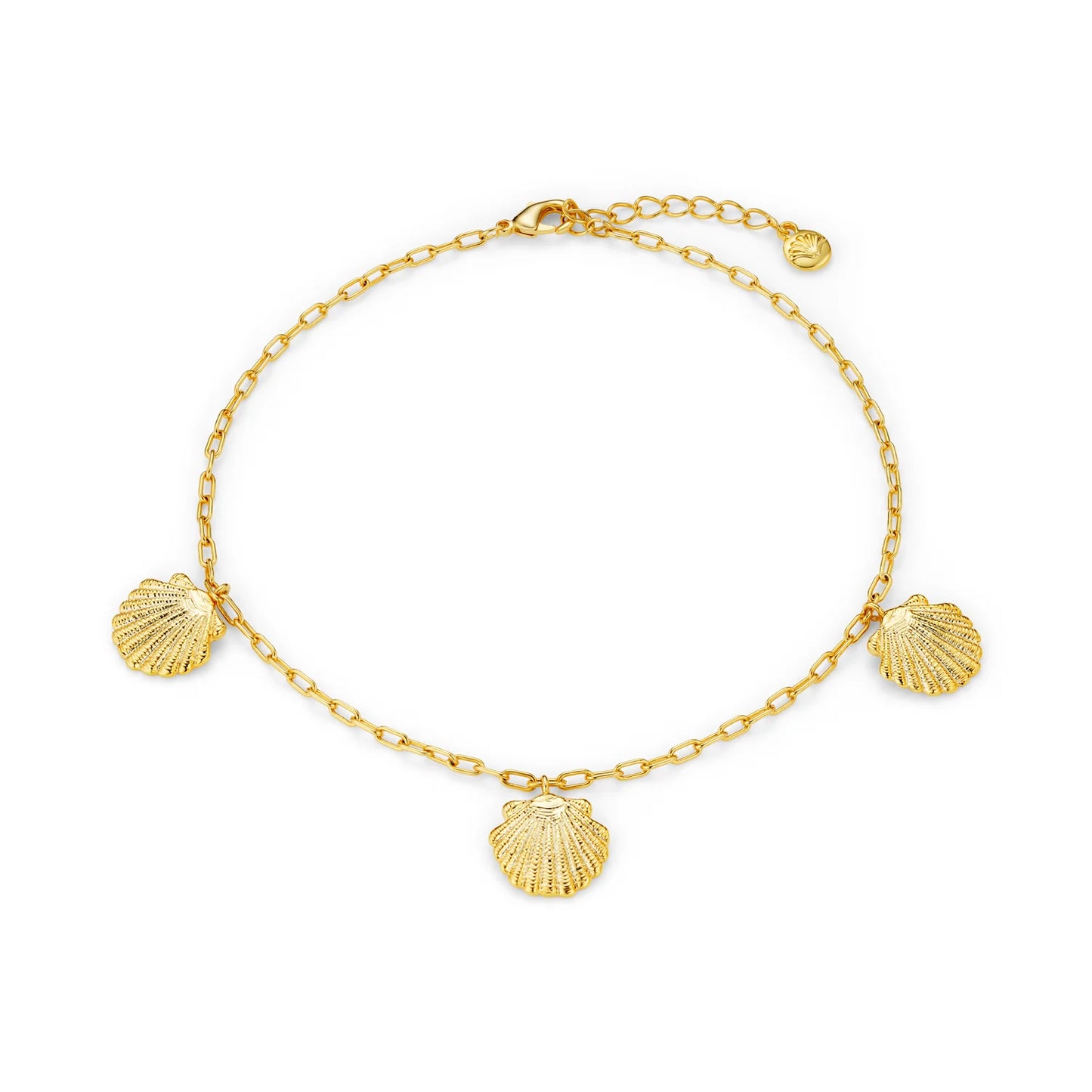 The stunning Multi Shell Drop Anklet from ORELIA. Featuring a collection of delicate shell charms that gracefully hang from a fine gold chain, this anklet captures the essence of coastal elegance. Each shell offering a natural, beachy vibe that complements any summer look. Paired perfectly with the matching Shell Charm Necklace.