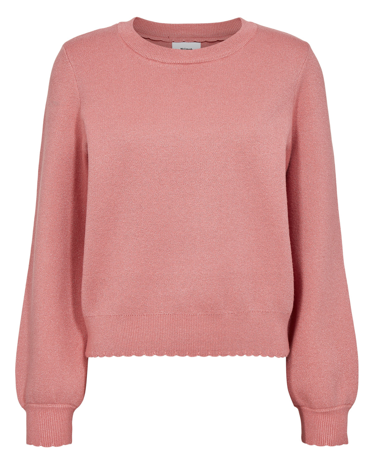 This pretty pink knit from Scandi brand NUMPH is a great piece for everyday and also day to night. With an added delicate sparkle although subtle it has that luxurious feel. With a simple round neck and long sleeves with a ribbed and scalloped cuff. The shape is slightly boxy and the fit is true to size.