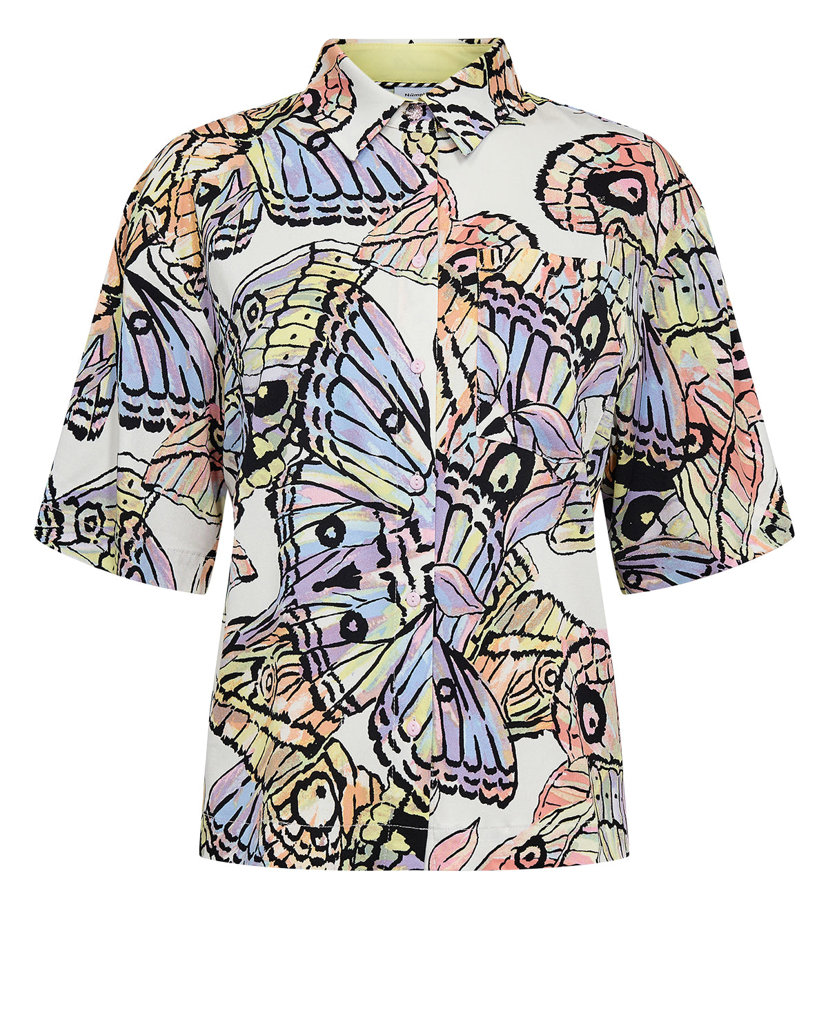 nugala nümph butterfly print short-sleeved blouse/ shirt, statement print, button down with collar, pastels