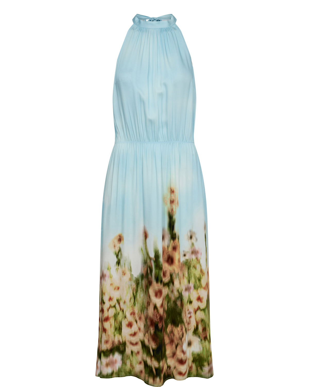 A beautiful summer piece from Scandi brand NUMPH which will work hard in your wardrobe for both dressing up for a Summer party or worn casually for a Summer BBQ. The halter neck dress is in a stunning blue with a yellow floral print around the bottom. With an elasticated waist this flatters the figure . A longer Midi length piece which fits true to size.