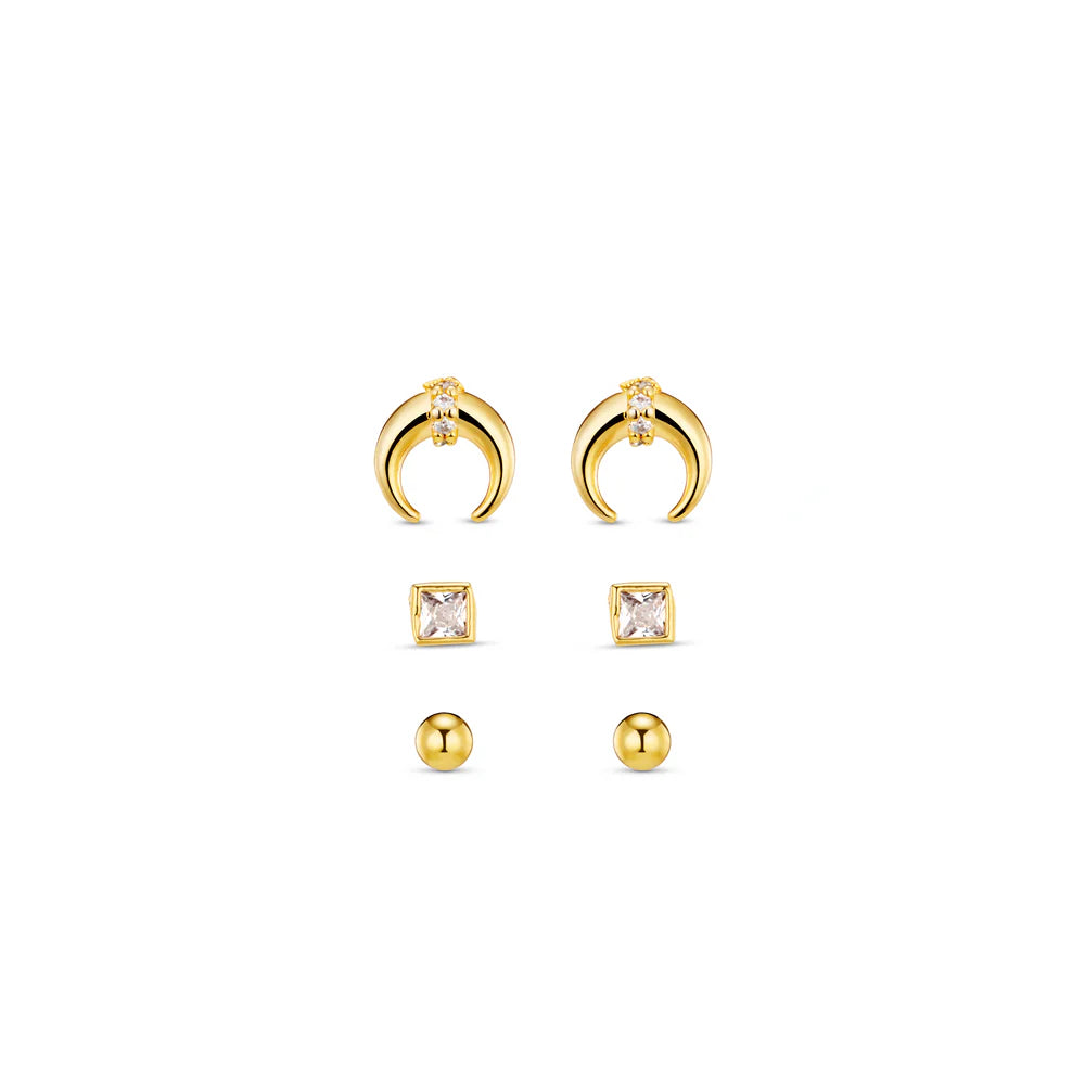 The Pave Crescent Stud 6 Pack Ear Party is your new favourite gold ear stacking set from ORELIA LONDON. This gold set of earrings contains a pair of classic gold ball studs, a pair of square crystal studs, and a pair of crescent moon stud earrings. Please note, earrings are non-returnable unless faulty.