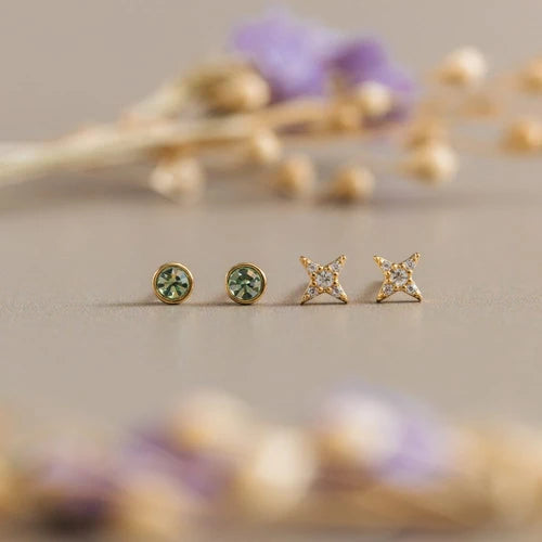 ORE40519 Pave Cross & Green Stud Earrings