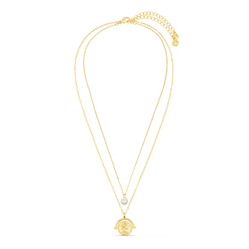 ORELIA "Pearl & Medallion 2 Row Necklace" Pale Gold)