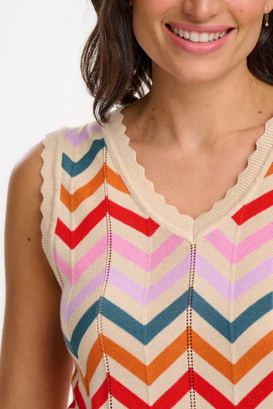 SUGARHILL "Rosy V Neck Knit Vest" (Cream Rainbow Chevron Stripes)