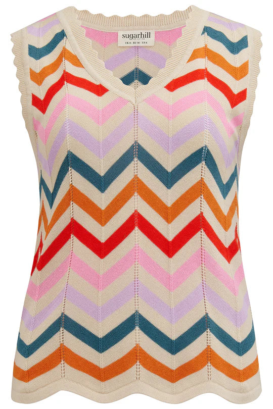 SUGARHILL "Rosy V Neck Knit Vest" (Cream Rainbow Chevron Stripes)