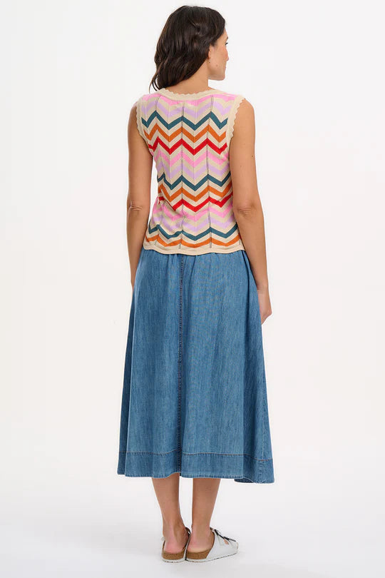SUGARHILL "Rosy V Neck Knit Vest" (Cream Rainbow Chevron Stripes)