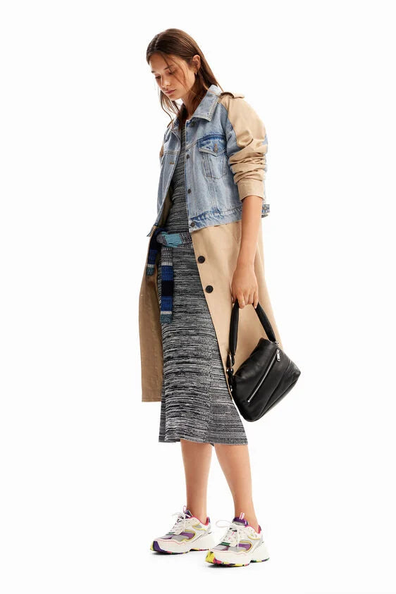 desigual shorlock trench coat in half denim trucker jacket