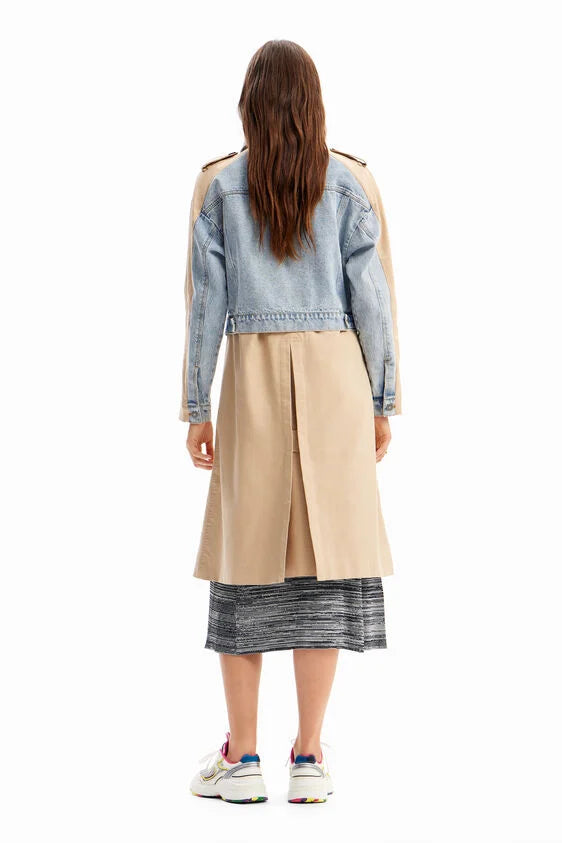 desigual shorlock trench coat in half denim trucker jacket