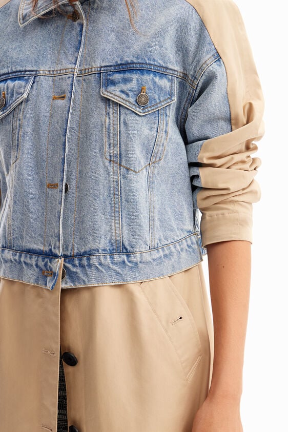 desigual shorlock trench coat in half denim trucker jacket