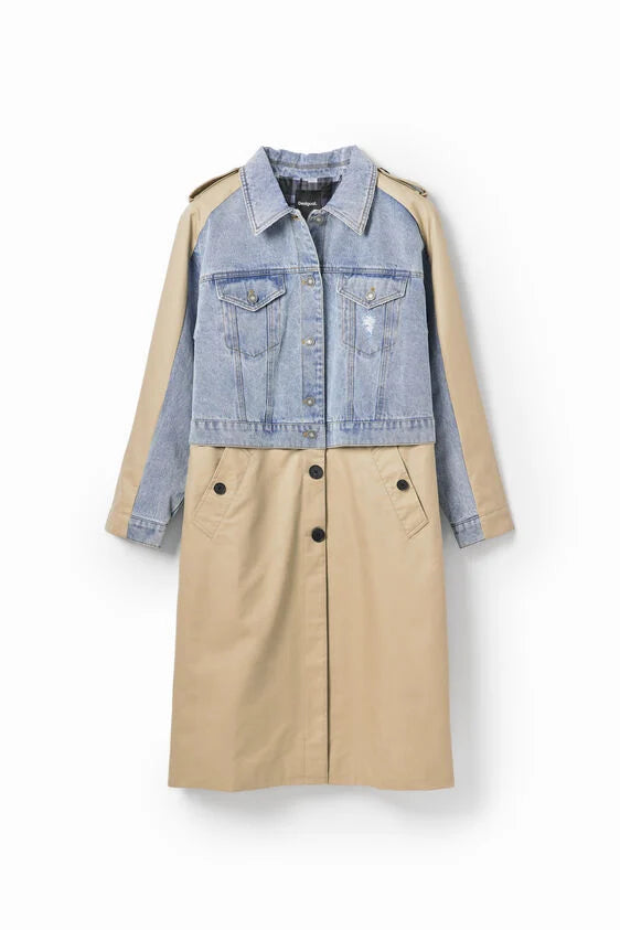 desigual shorlock trench coat in half denim trucker jacket