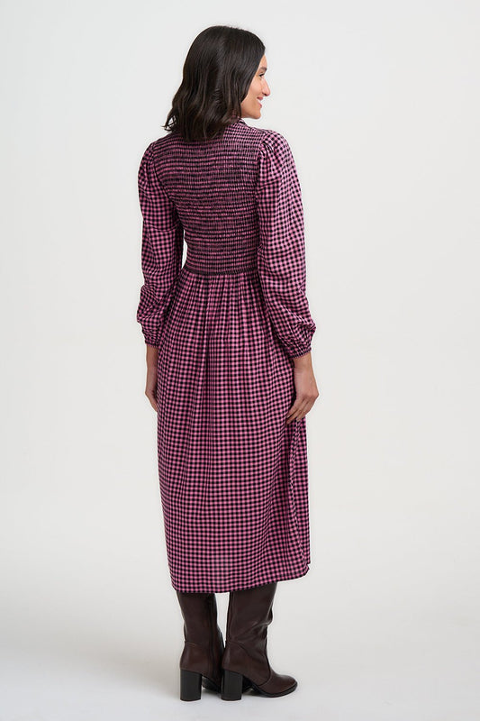 SUGARHILL "Diana Shirred Midi Dress" (Rose Micro Gingham) - ClobR