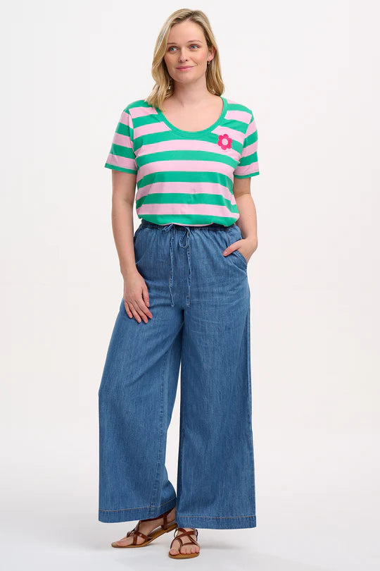 SUGARHILL "Sylvie Scoop Neck T Shirt" (Green/Pink Stripe andFlower)