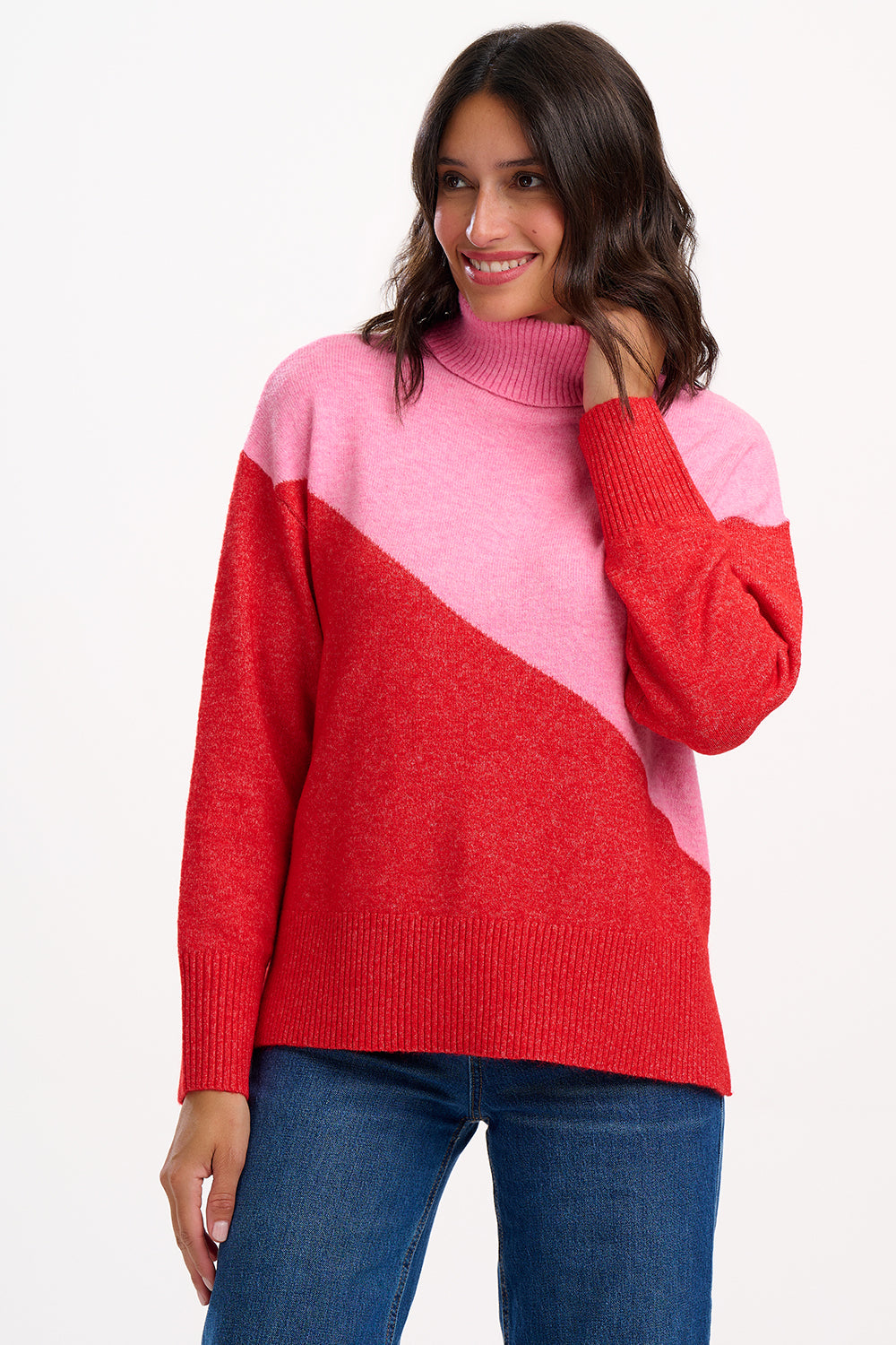 SUGARHILL "Winona Roll Neck Jumper" (Pink/Read Colour Block)