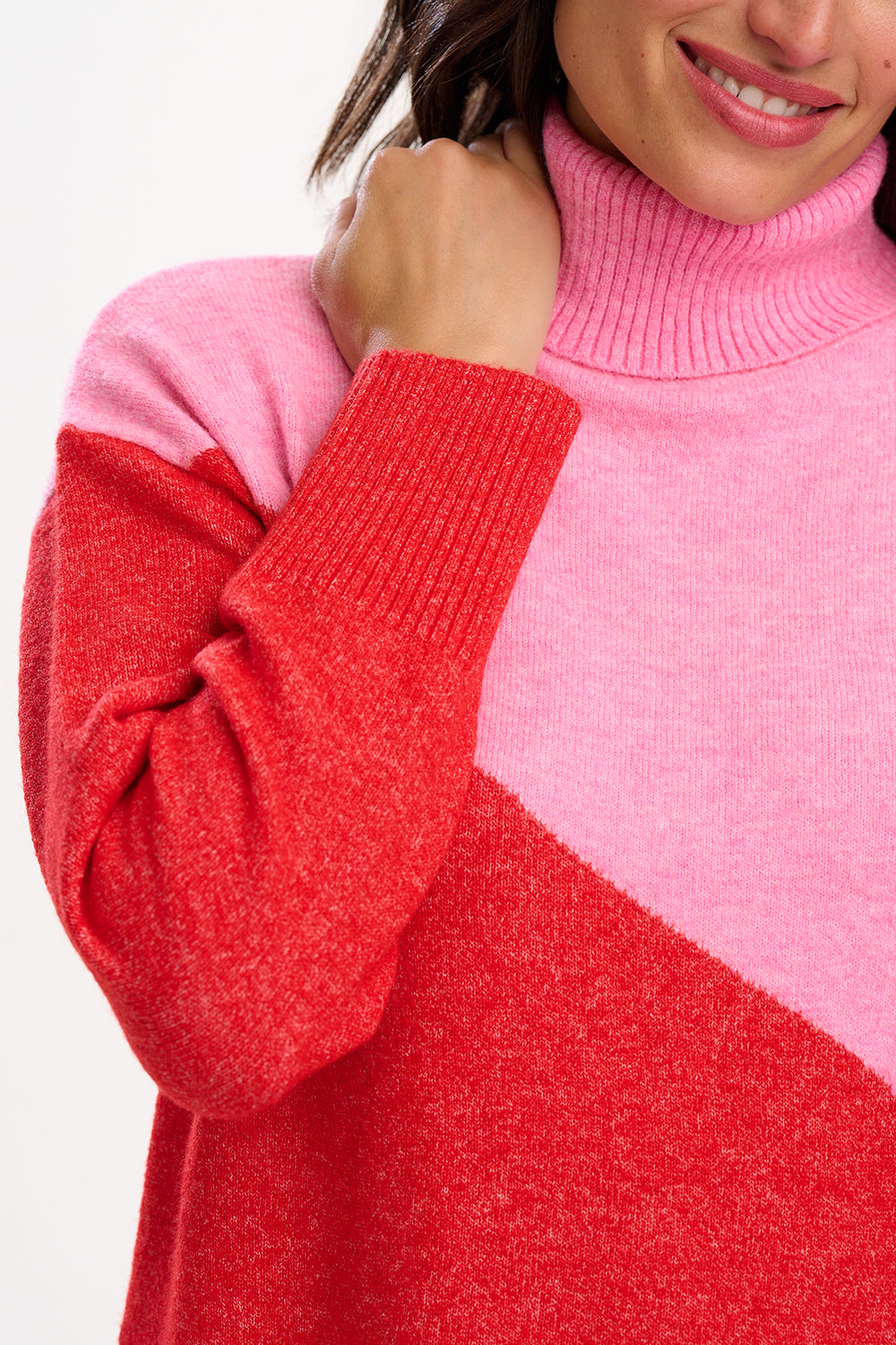SUGARHILL "Winona Roll Neck Jumper" (Pink/Read Colour Block)