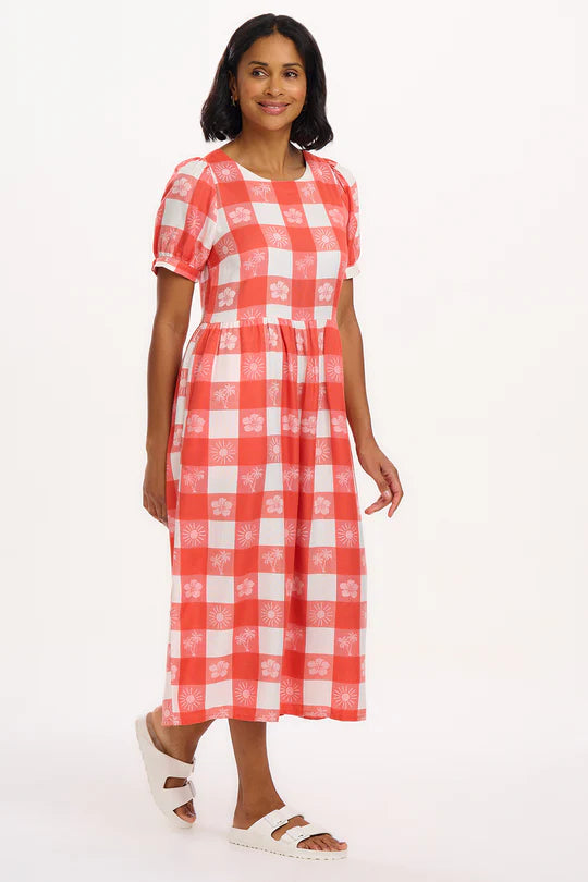 SUGARHILL "Wren Smock Dress" (Off White/Coral Tropical Gingham)