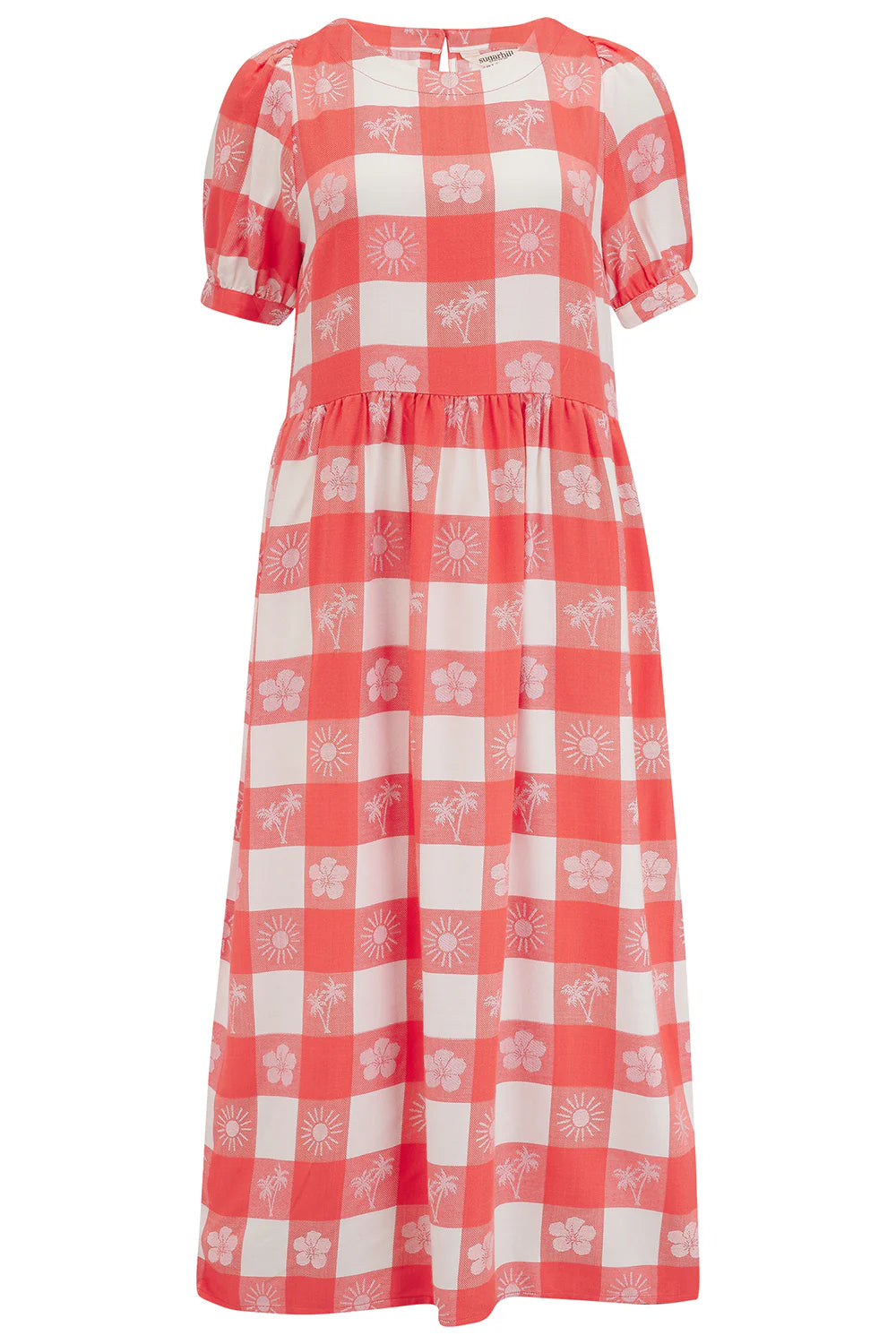 SUGARHILL "Wren Smock Dress" (Off White/Coral Tropical Gingham)