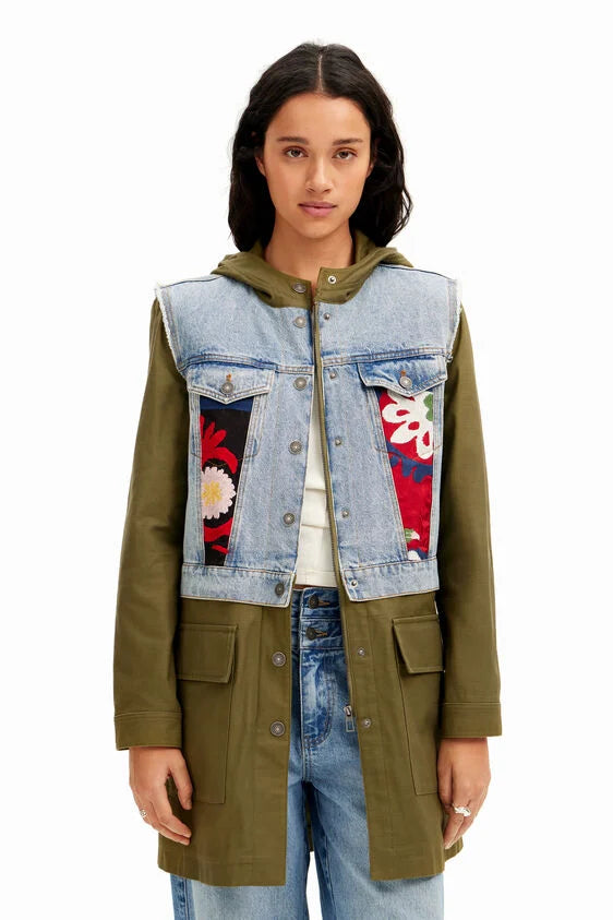 yale 2-in-1 hybrid parka coat in washed denim with floral patches and embroidery by desigual