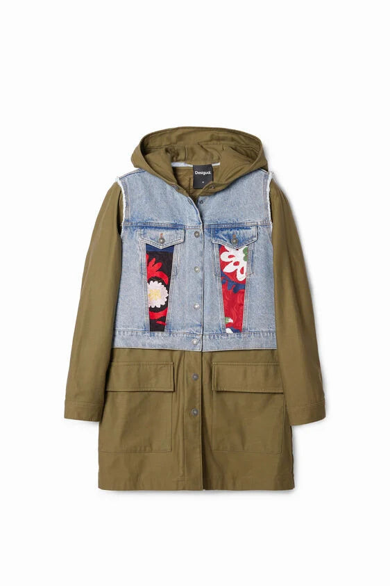 yale 2-in-1 hybrid parka coat in washed denim with floral patches and embroidery by desigual