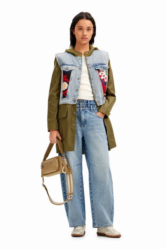 yale 2-in-1 hybrid parka coat in washed denim with floral patches and embroidery by desigual