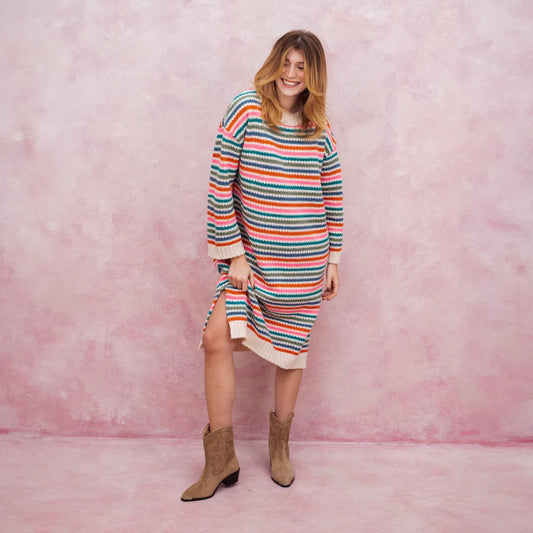 Crafted in the UK by CARA AND THE SKY from vegan yarn and made in small batches, this is the ultimate one-and-done outfit. Ideal for throwing on with boots in winter or styling with sandals come spring. Joyful, flattering and endlessly wearable.