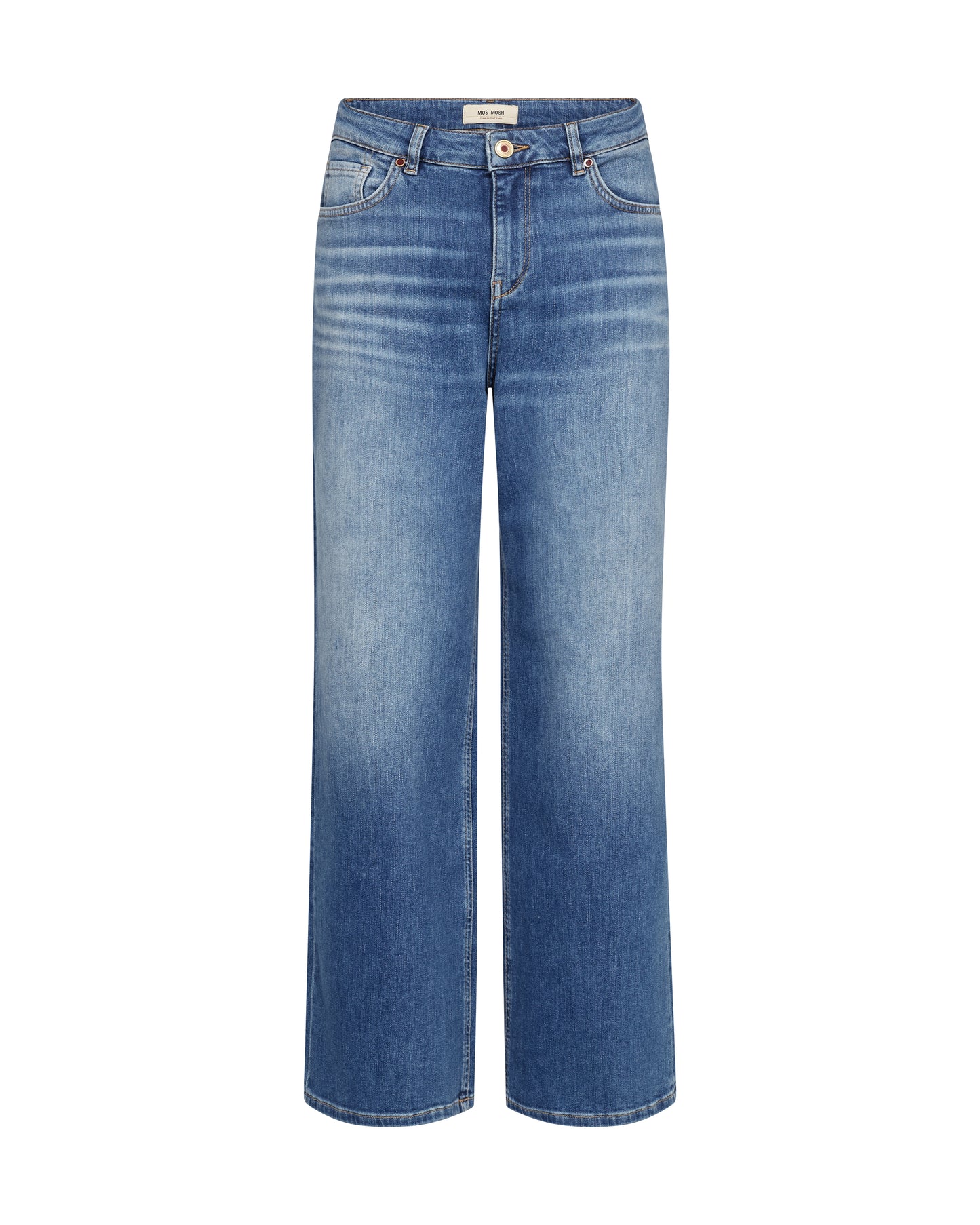 These wide legged jeans from MOS MOSH are crafted with high-rise in a cool blue wash. They are designed in a classic 5-pocket construction with leather detail at coin pocket. Pair with a chunky knit for days off and switch to a glitter tank top and oversize blazer for a night out.