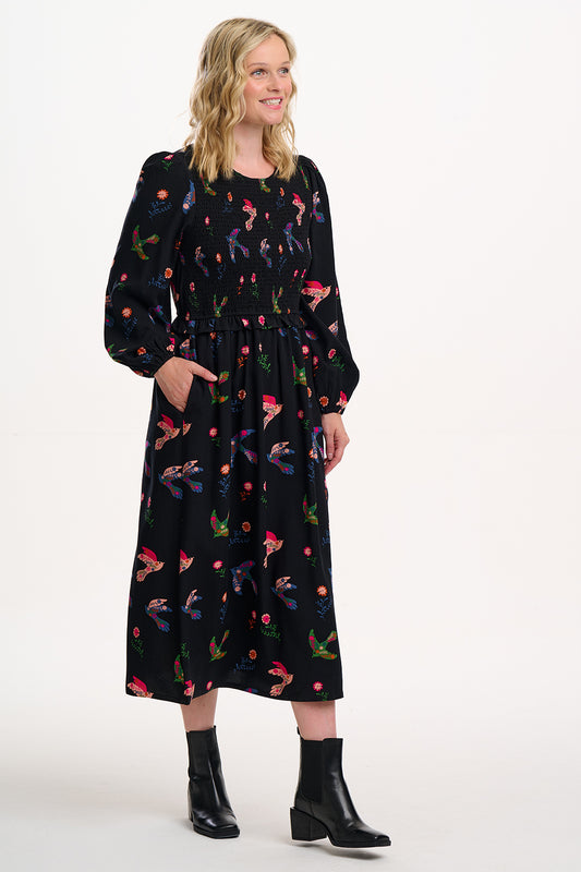 SUGARHILL "Darcie Shirred Mid Dress" (Black Rainbow Folk Bird)
