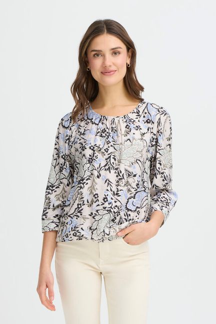 Long sleeve blouse from FRANSA with all-over abstract pattern, straight silhouette, crew neckline and gathered cuffs. Subtle structure adds a contemporary touch to this effortless, cool essential.&nbsp;
