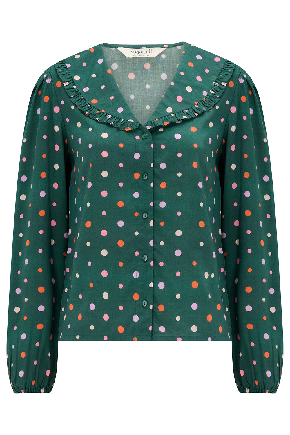 SUGARHILL "Jess Frill Blouse" (Dark Green Little Big Dots)