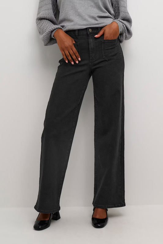 Update your jeans collection with the Karla High Waist Jeans from Scandi brand KAFFE. Designed in a comfortable wide leg, with a high waist and button closure. Featuring pockets to the front and back, in a classic washed black effect. They are a wardrobe staple this season.