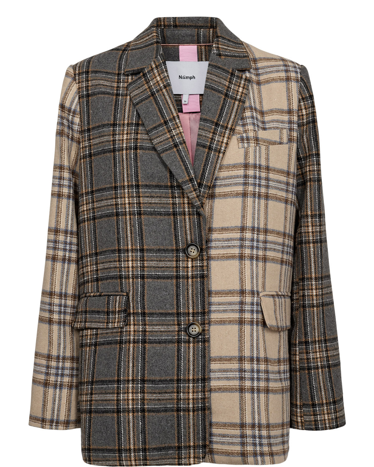 Make a statement with the Nümph Nuavey Check Blazer, a distinctive take on classic tailoring. Crafted in a sophisticated check-inspired fabric, this relaxed blazer features a bold colour-blocked design combining earthy brown, charcoal and soft beige panels.