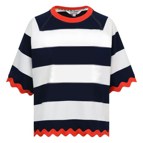 The Perth sweatshirt from British brand ONE COLLECTIVE is a beauty. The wide stripes in classic navy and white are fresh for Summer. There is a ric rac red trim on the cuffs and hem and a flash of red around the neck to add that something special. Boxy in shape with a short sleeve it's perfection for now. The fit is true to size
