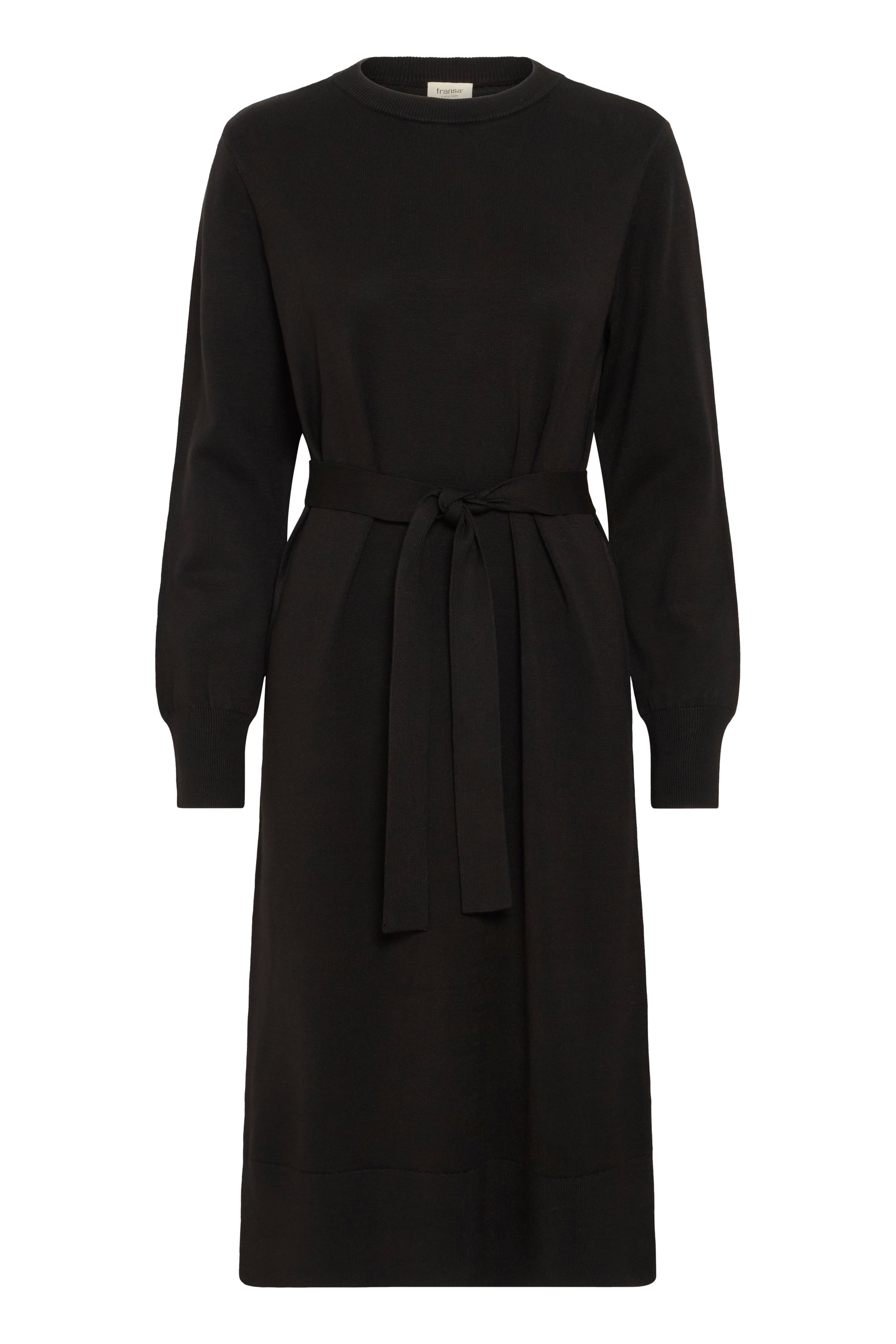 The FRVivienne Dress from FRANSA is a chic black knitted dress. The round neck and long sleeves flatter and the tie belt allows you to wear it tied or without. There is a ribbed hem and ribbed cuff detail. The fit is true to size and flatters every figure. The perfect everyday LBD .