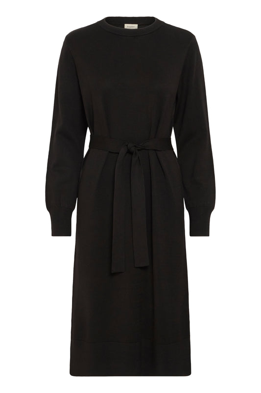 The FRVivienne Dress from FRANSA is a chic black knitted dress. The round neck and long sleeves flatter and the tie belt allows you to wear it tied or without. There is a ribbed hem and ribbed cuff detail. The fit is true to size and flatters every figure. The perfect everyday LBD .