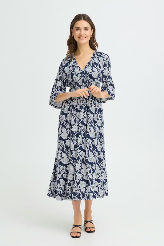 Midi dress form FRANSA with floral all-over pattern, V-neckline, and half-length wide sleeves. Relaxed, flowing silhouette with gathered waist detail for added shape.
