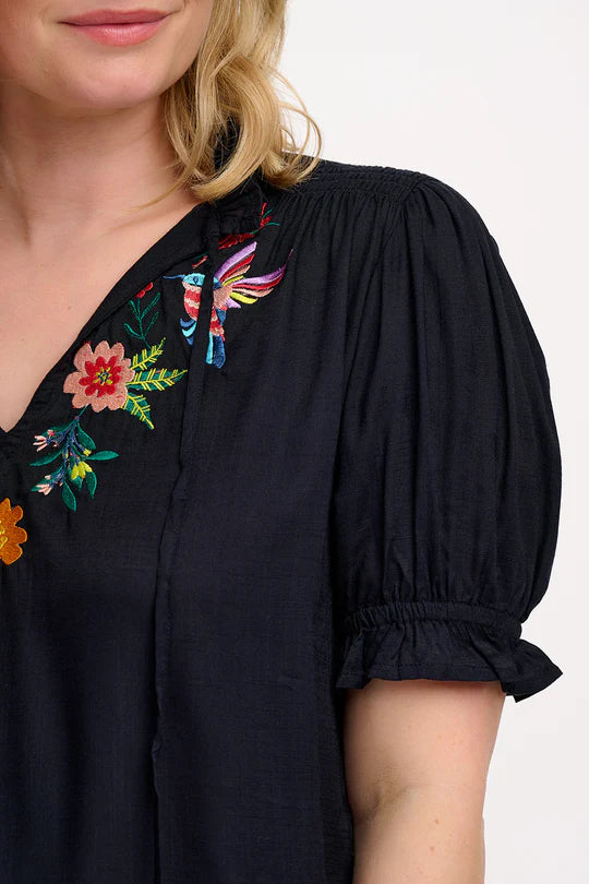 SUGARHILL "Angelique Shirred Top" (Black Tropical Hummingbird)