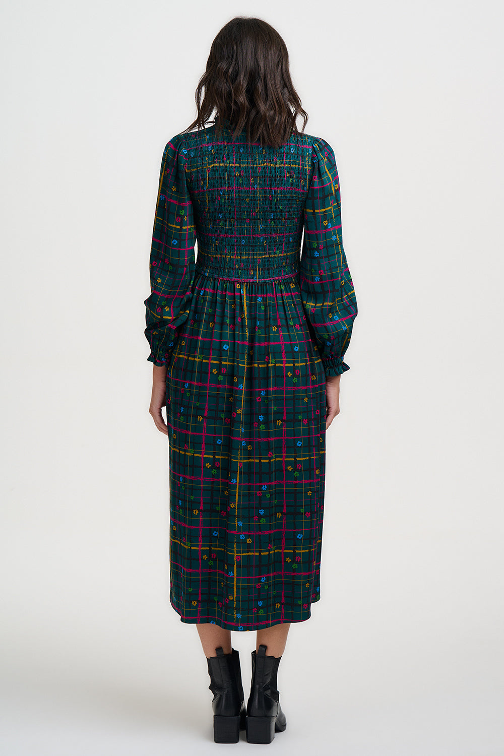SUGARHILL "Annalee Shirred Midi Dress" (Teal Green Doodle Check)