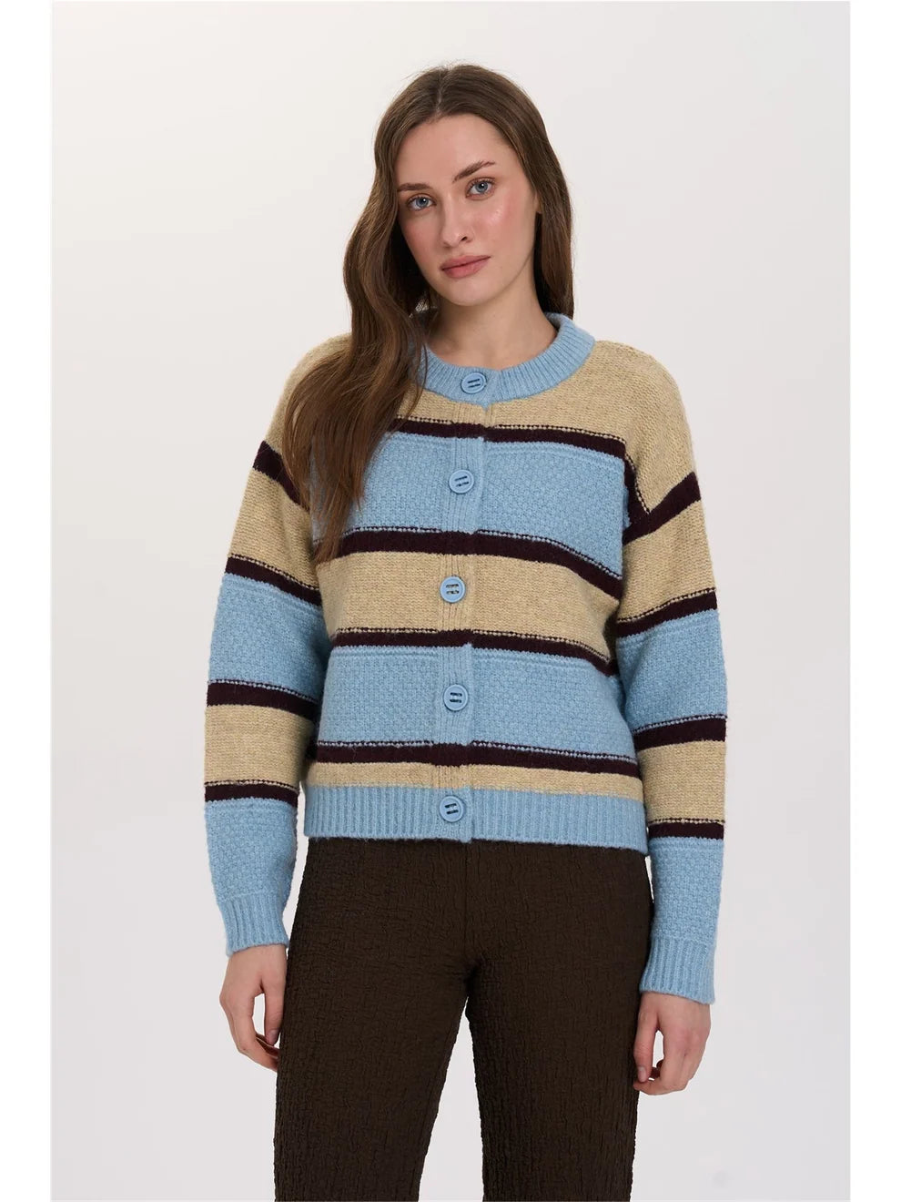 A striped knitted cardigan in light blue, beige and dark brown. The design features a classic crew neckline, a full button fastening and ribbed trims at the neckline, cuffs and hem. The relaxed cut creates a casual fit.