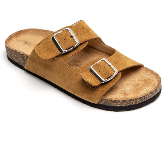 A simple sandal in a Birkenstock style from MARTA DU CHATEAU in PU with two straps with buckles and a cork style foot bed. Fits true to size.