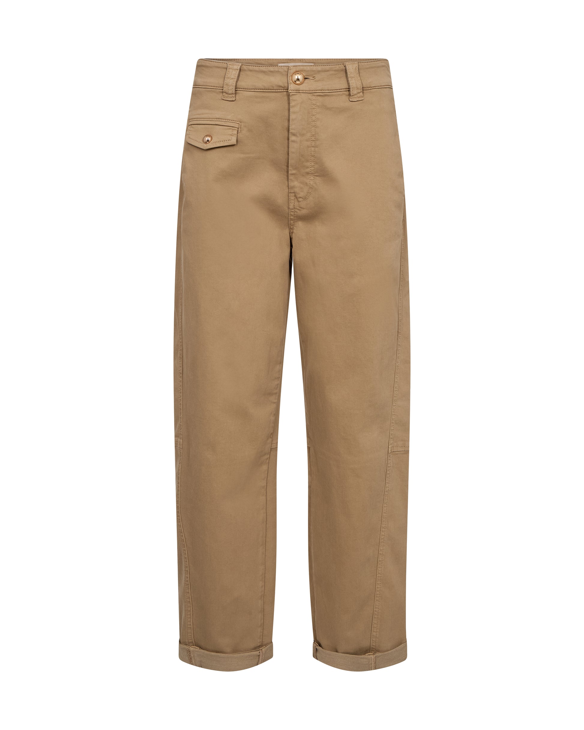 Discover the MMAymen Len Pant&nbsp;in Petrifed oak from MOS MOSH a contemporary take on classic workwear styling. This relaxed boyfriend-fit design features a mid-rise cut and distinctive engineered side seams that deliver authentic utilitarian appeal. Organic cotton blended with stretch fabric ensures all-day comfort and softness, while contrast stitching and functional workwear pockets enhance the modern aesthetic. Perfect for spring layering, pair with a crisp shirt and sneakers for an effortlessly 
