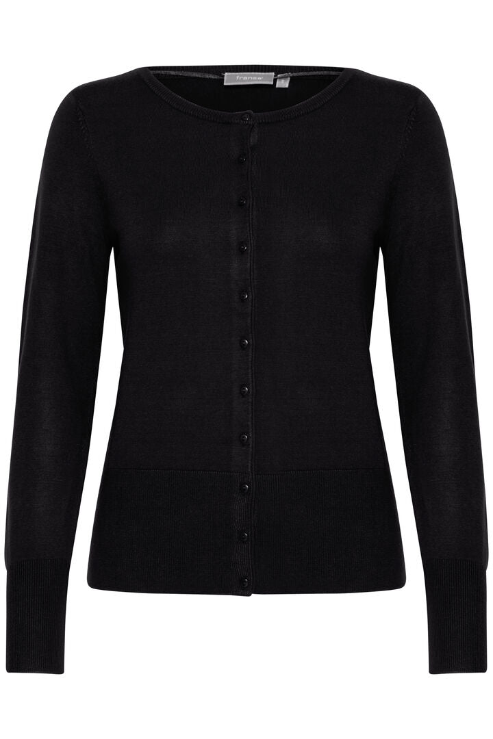 A great basic cardigan from Scandi brand Fransa. This simple but elegant cardigan has a round neck and long sleeves. It buttons at the front form the neck to the hem. The fabric is super soft. The neck, cuffs and hem are gentle ribbed. The fit is true to size.
