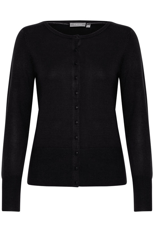 A great basic cardigan from Scandi brand Fransa. This simple but elegant cardigan has a round neck and long sleeves. It buttons at the front form the neck to the hem. The fabric is super soft. The neck, cuffs and hem are gentle ribbed. The fit is true to size.