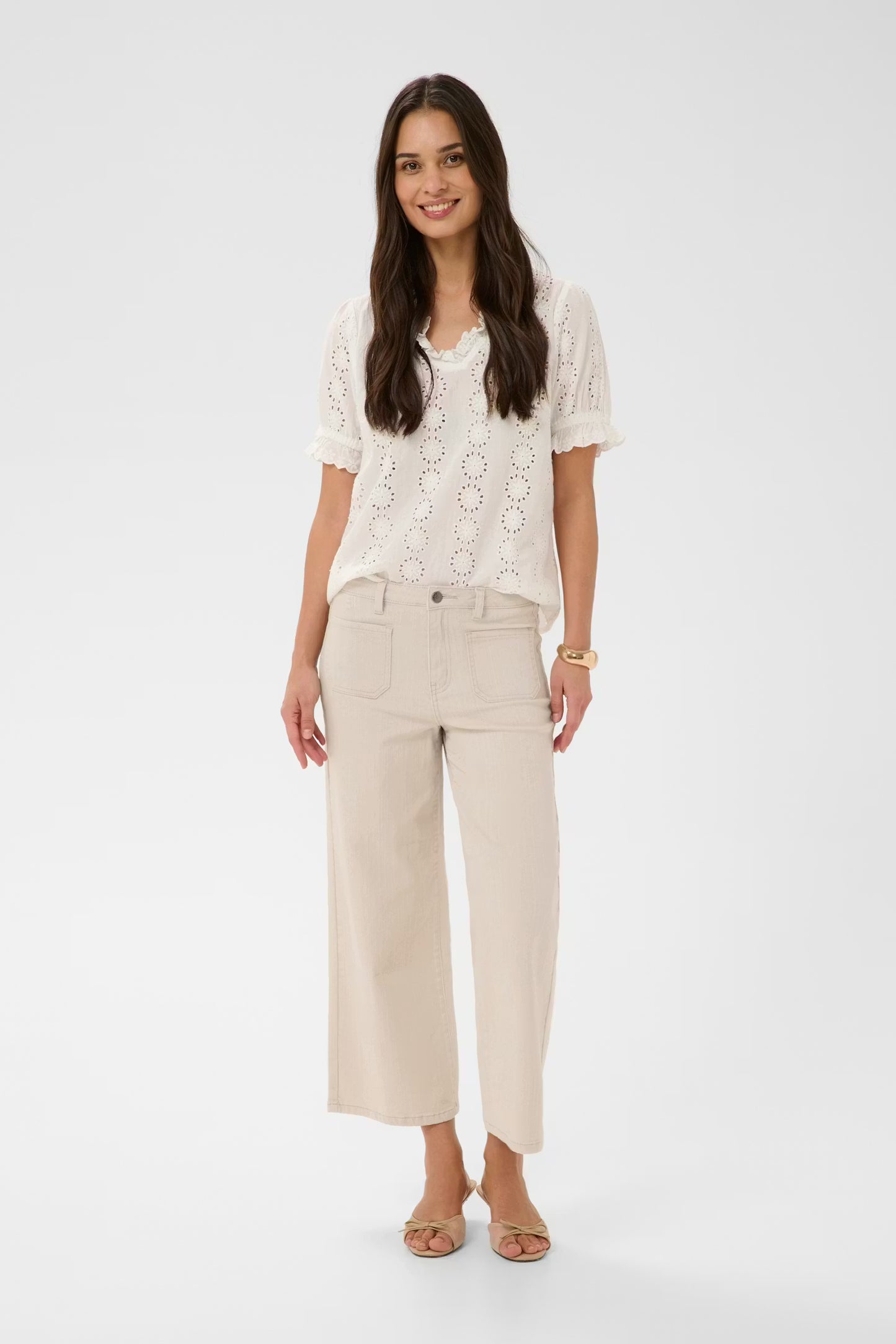 Cropped wide leg jeans from KAFFE feature a flattering high-rise waist, front patch pockets, and subtle A-line silhouette. Belt loops and button fly enhance the structured look. Fit is true to size.
