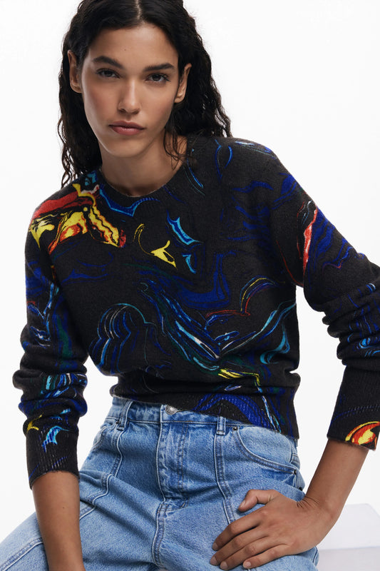 Long-sleeve sweater from Spanish brand DESIGUAL with a round neck and marbled effect print designed by Monsieur Christian Lacroix. This amazing Winter knit has the drama and immediately creates attention. Super soft to the touch and cosy to wear.