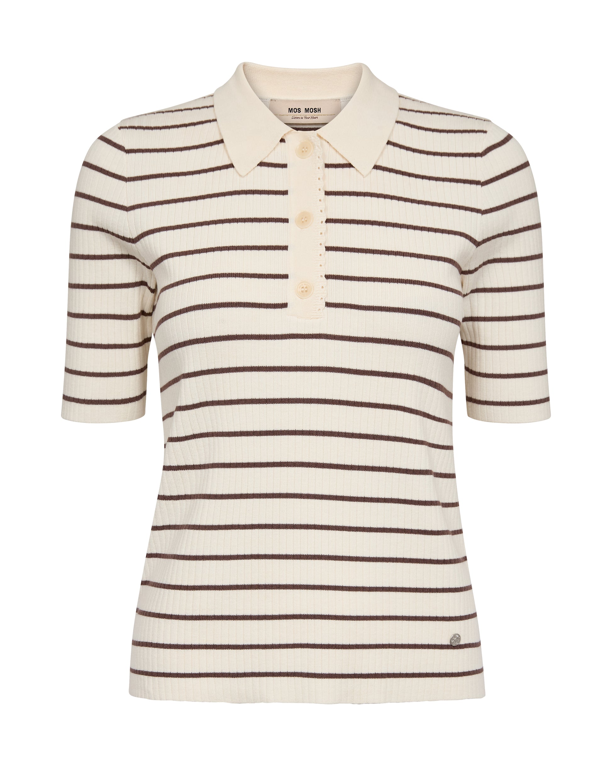 A refined take on the classic polo from MOS MOSH. This soft, striped knit is designed in a regular fit with short sleeves, a classic collar, and button placket. The fine knit texture gives it a timeless, feminine look. Pair it with jeans or tailored trousers for effortless everyday elegance.