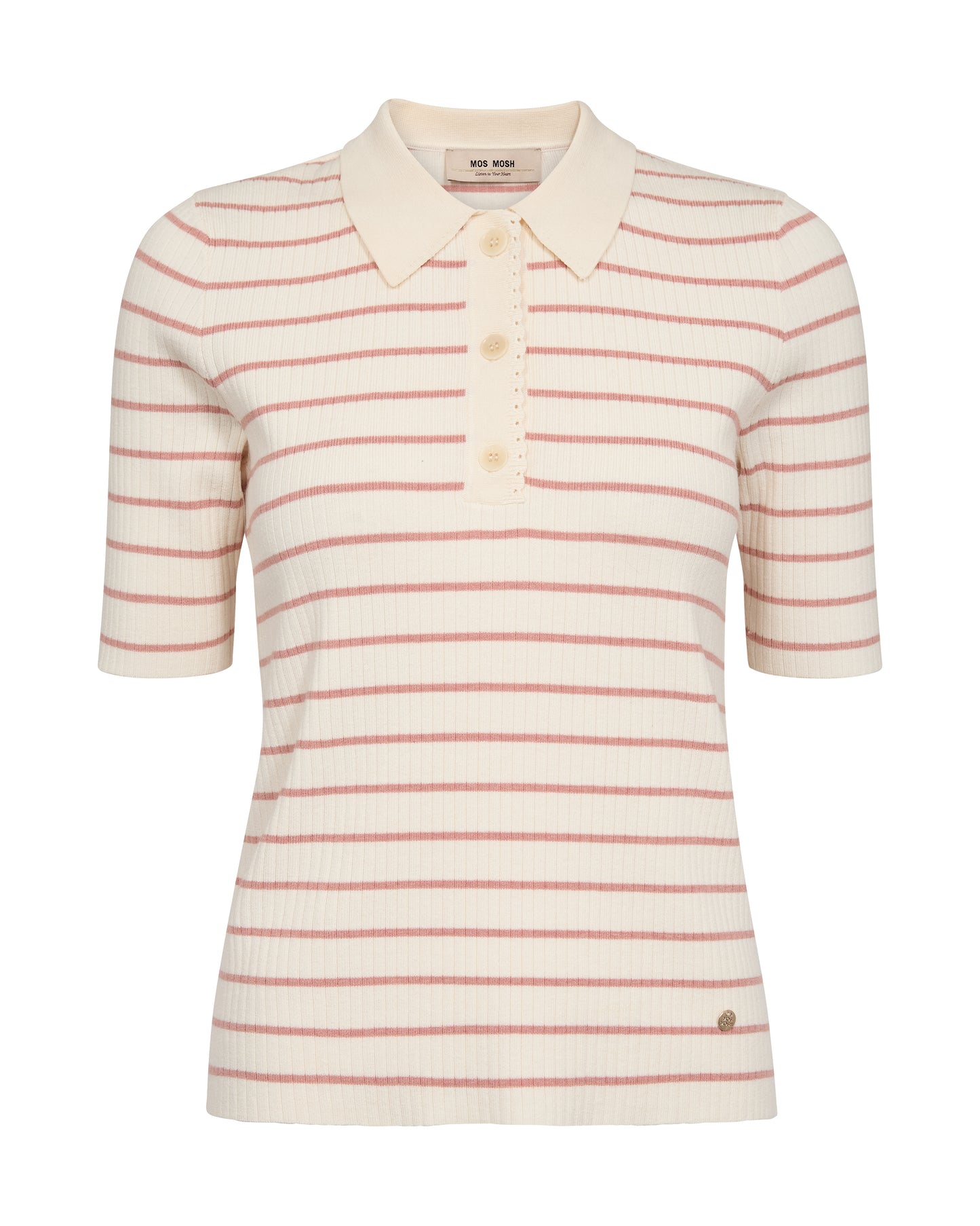A refined take on the classic polo from MOS MOSH. This soft, striped knit is designed in a regular fit with short sleeves, a classic collar, and button placket. The fine knit texture gives it a timeless, feminine look. Pair it with jeans or tailored trousers for effortless everyday elegance.