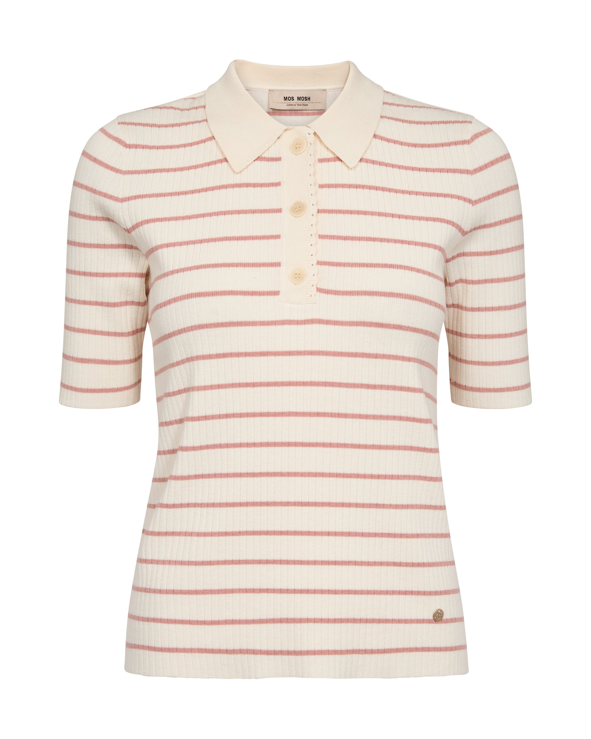 A refined take on the classic polo from MOS MOSH. This soft, striped knit is designed in a regular fit with short sleeves, a classic collar, and button placket. The fine knit texture gives it a timeless, feminine look. Pair it with jeans or tailored trousers for effortless everyday elegance.