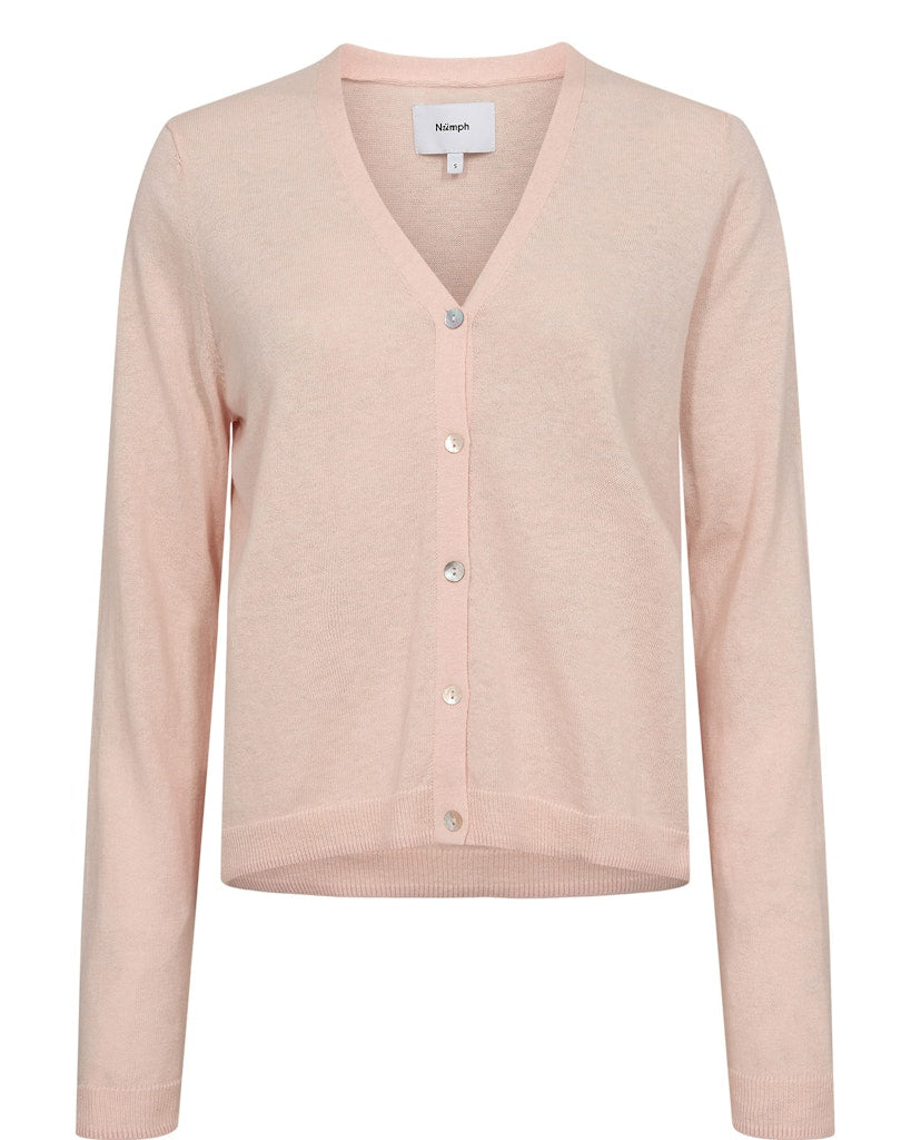 A super soft V neck cardigan in the softest pink from NUMPH. A great wardrobe staple that will take you anywhere over the Spring season. The long sleeves have a ribbed cuff and the front buttons from the bottom of the V.